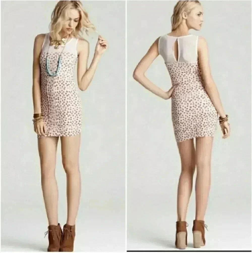 Free People Bodycon Ruched Florsl Ruffle Shimmy Dress